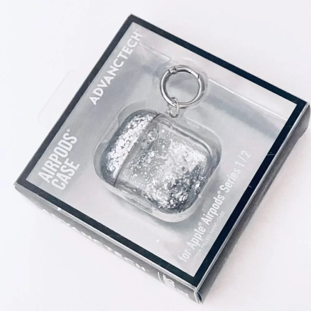 NWT ADVANTECH Clear case cover Apple AirPods Series 1 & 2 Silver Glitter Keyring